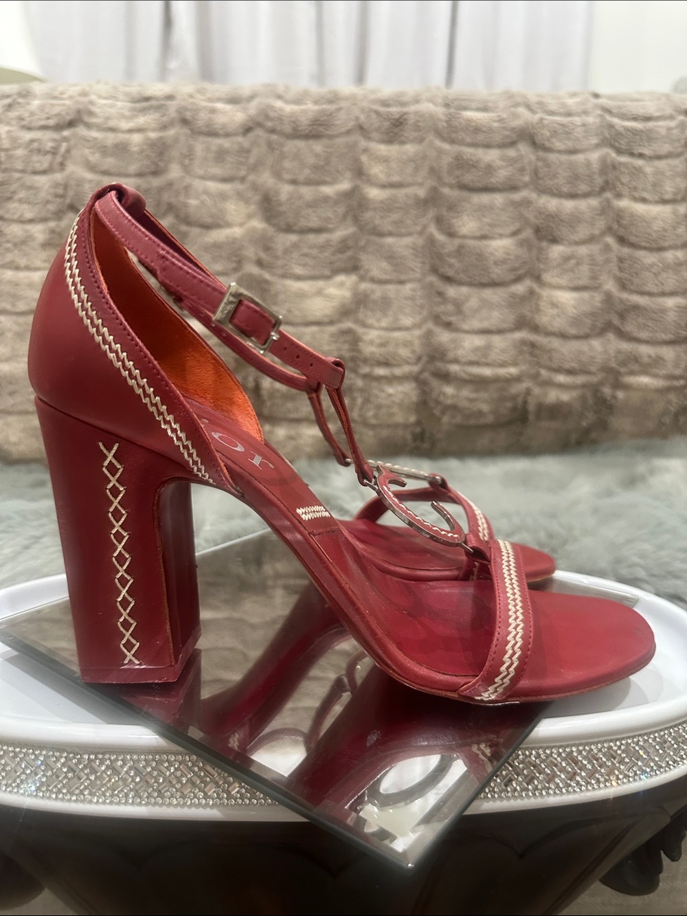RARE DIOR C D logo Red T-Strap Block Heel dress shoes with white stitching 4’ - Picture 6 of 14